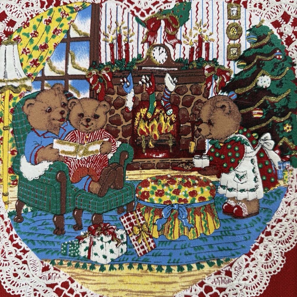 VTG Sweatshirt NutCracker Red Collared Teddy Bear Lace Heart Cottage Grandma M/L - Picture 3 of 7